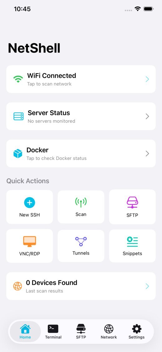 NetShell home dashboard showing server status overview