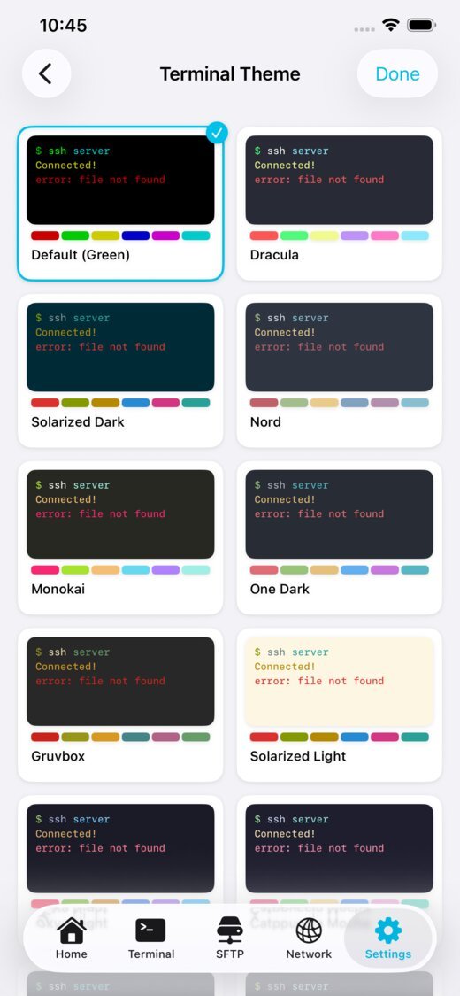 NetShell terminal theme picker with 16+ themes