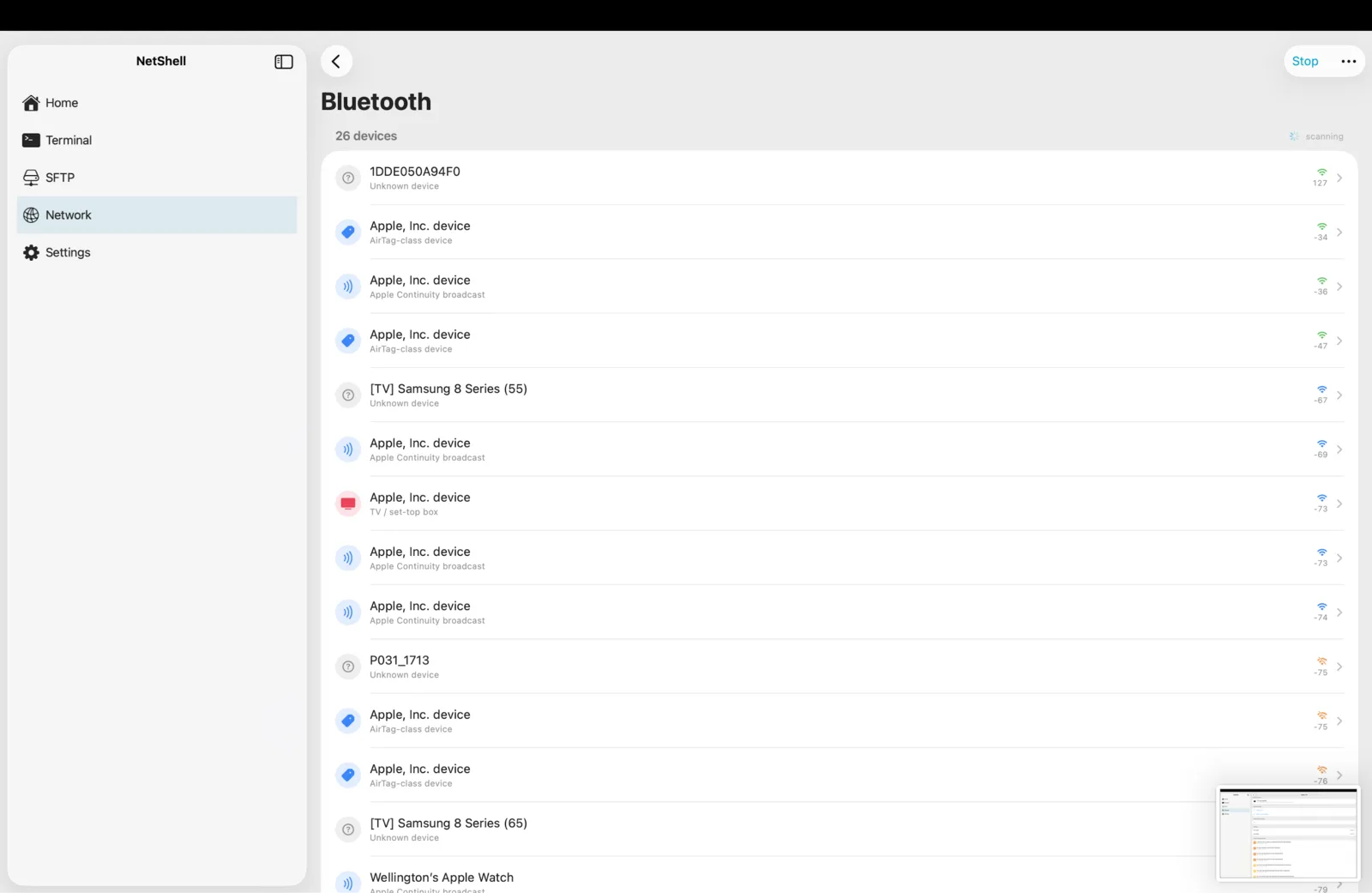 Discover nearby Bluetooth devices with live vendor identification.